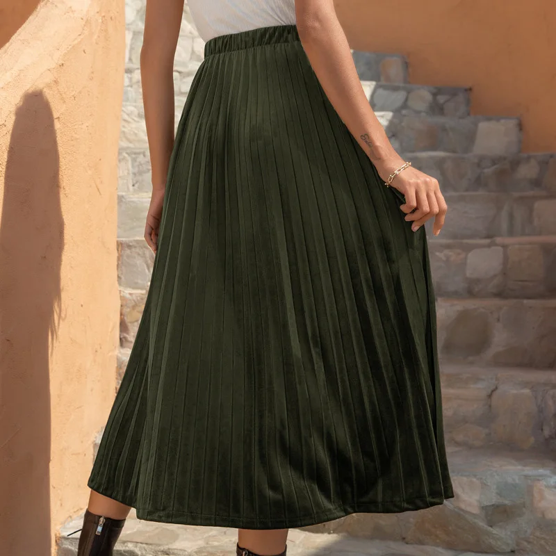 
2021 Hot Sell Desinger Cheap Big Hem Solid Color Straight High Wasted Long Pleated Chiffon Midi Casual Womens Skirts For Ladies 