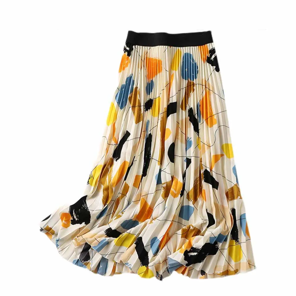 Korean Elastic Waist Printed Summer Skirt VD3099 Elegant High Waisted Women Pleated Long Midi Skirts in Black