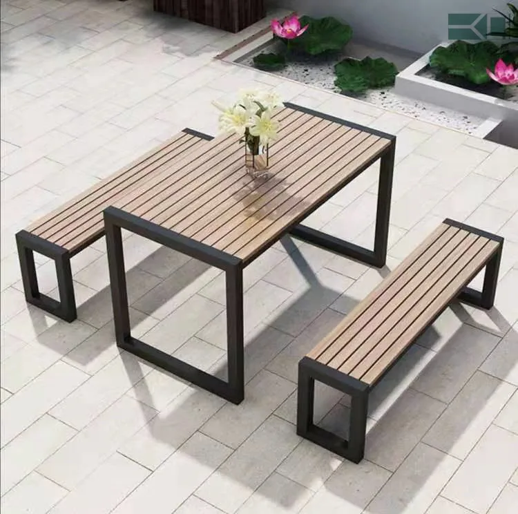 Modern Dining Table with Two Benches,Wooden Dinning Table Sets  Outdoor FoPlastic Wood Restaurant Dining Tables And Chairs