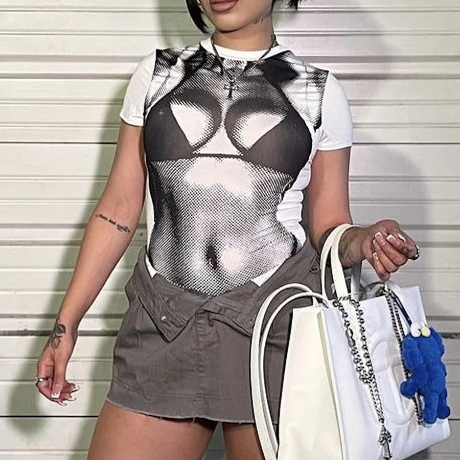 Kliou K23L40065 Y2k Clothing 3D Print Short Sleeve Tees Tight Fitting T Shirt Women Crop Top