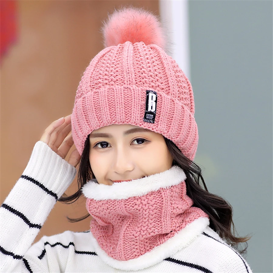Winter Women Knitted Beanie Hat Female Letter Bonnet Beanie Caps Girls Warm Knitted Scarf Hat Set Custom Logo