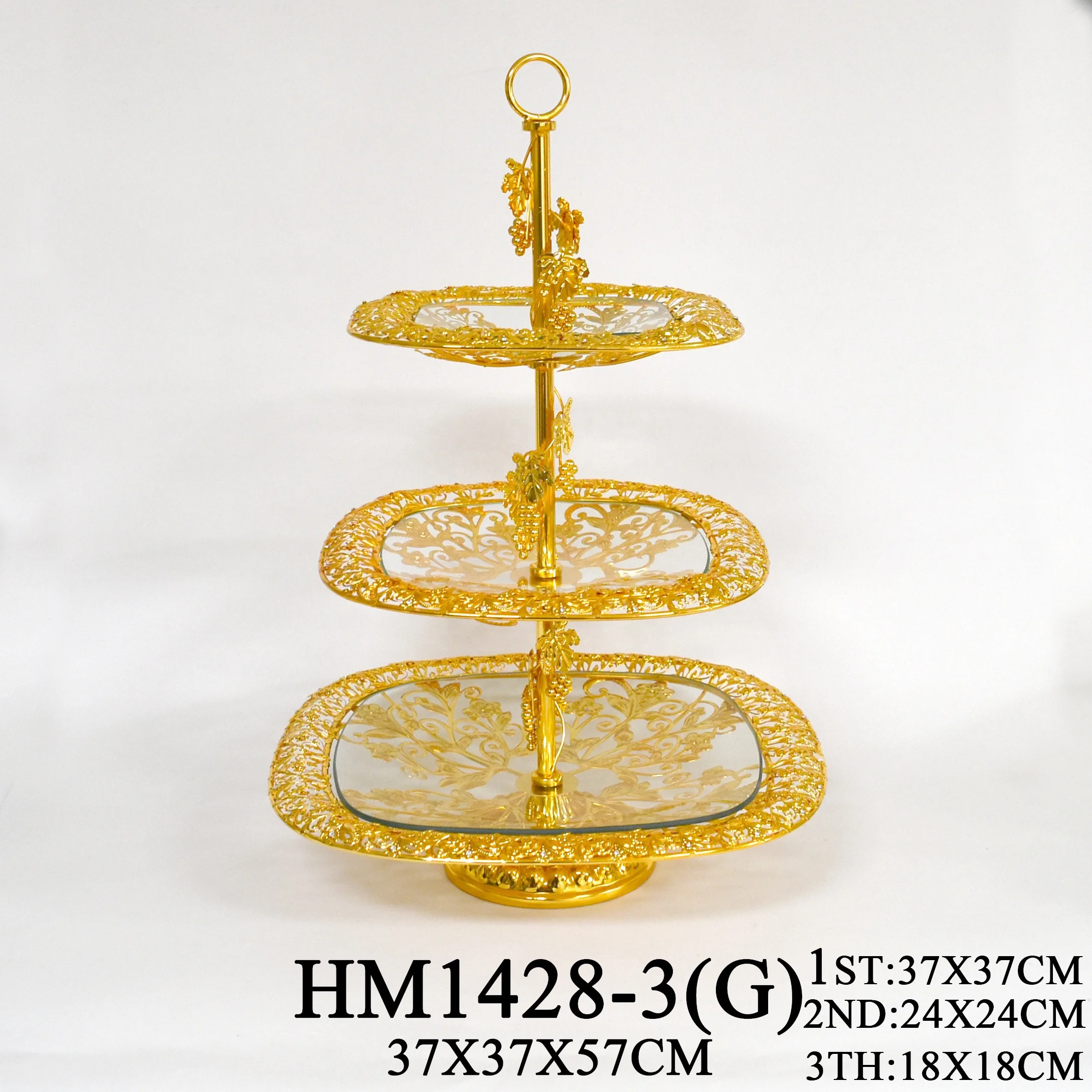 Luxury party craft metal frame three layer glass square fruit candy hanging tray