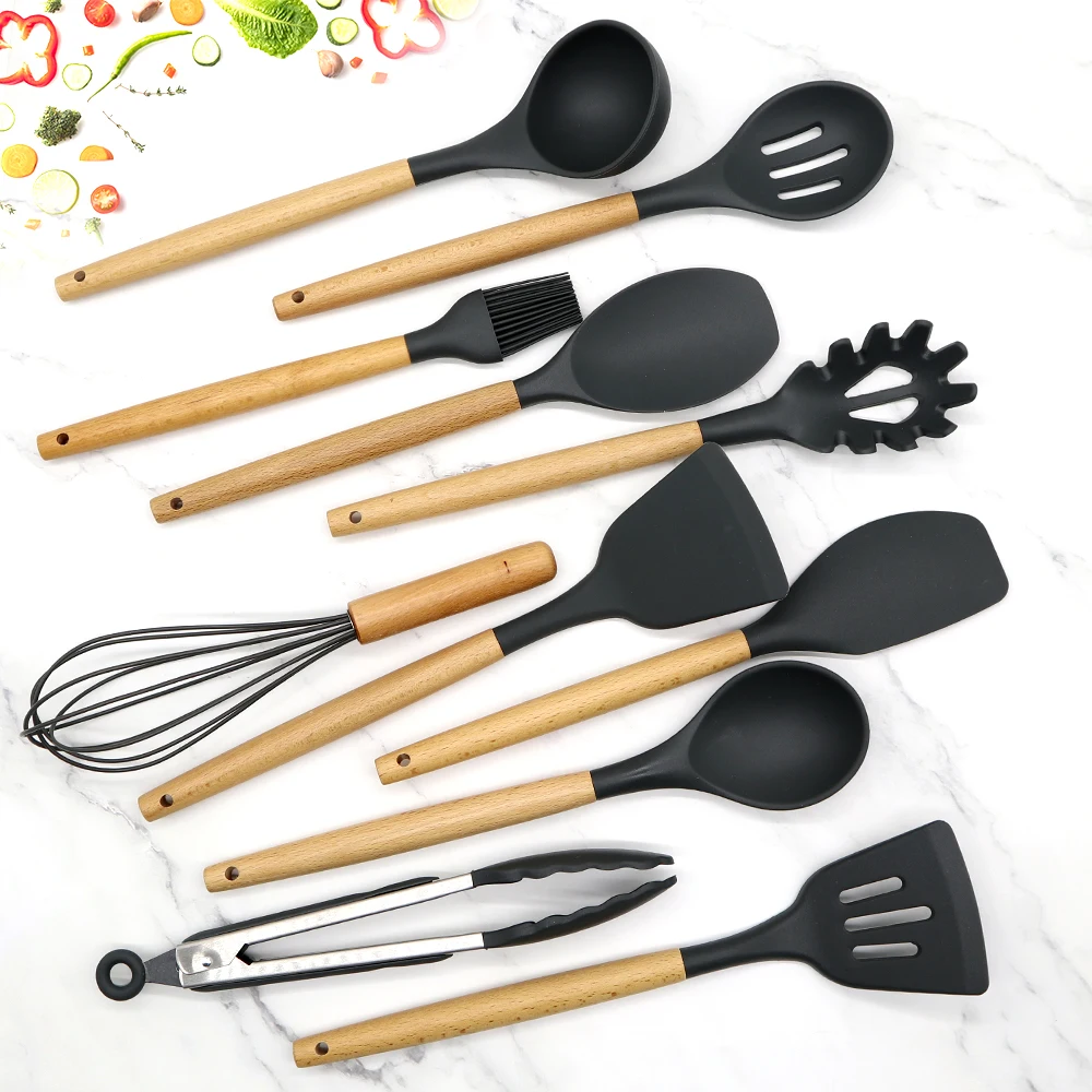 Hot sell cookware non stick cooking tools kitchenware cooking silicone kitchen utensils with wooden handles