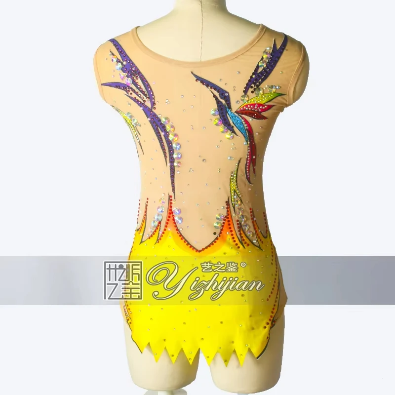 YIZHIJIAN Yellow artistic gymnastics performance bodysuit summer competition spandex elastic fabric custom made