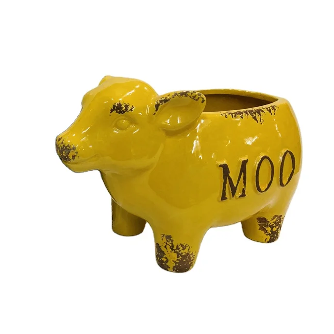 Ceramic Base Serial Yellow Cow Succulent Plant Pot Cactus Plant Pot Flower Pot Container Planter for Farmhouse Bonsai Gift Idea