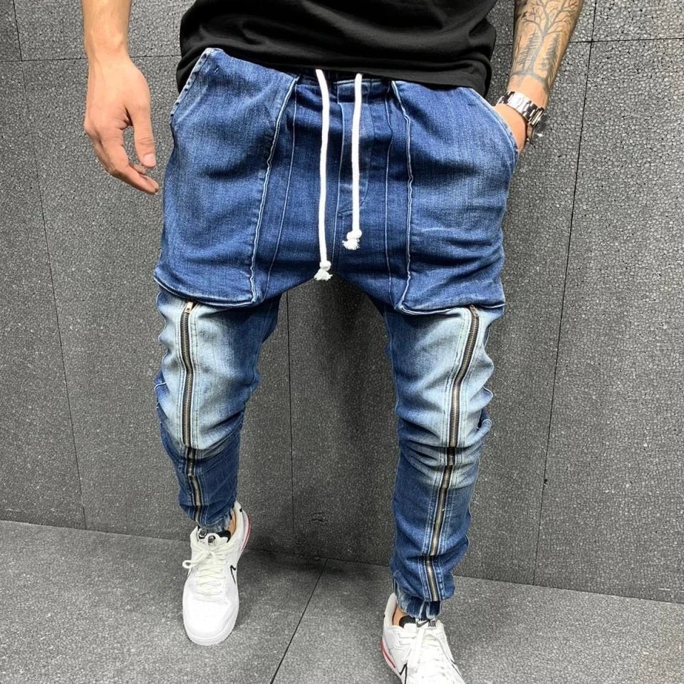 Latest Drawstring Waist Big Pocket Skinny Hip Hop Dark Blue Calca Cotton Spandex Kot Pencil Pants Mens Cargo Jeans