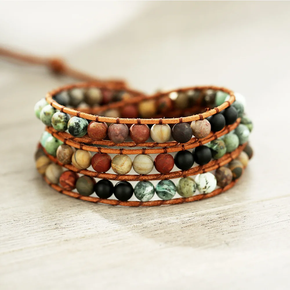 Fashion Boho Bijoux Bracelet African Natural Blend Jasper Multi-layer Bracelet Bohemian Charm 3 Strands Woven Wrap Bracelets