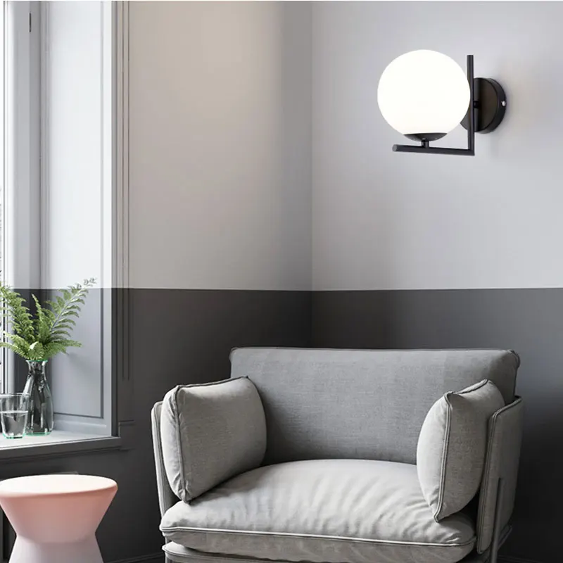 
Art Deco Indoor Decorative Gold Base White Globe Glass Ball Wall Lamp Sconce for Home Living Room 