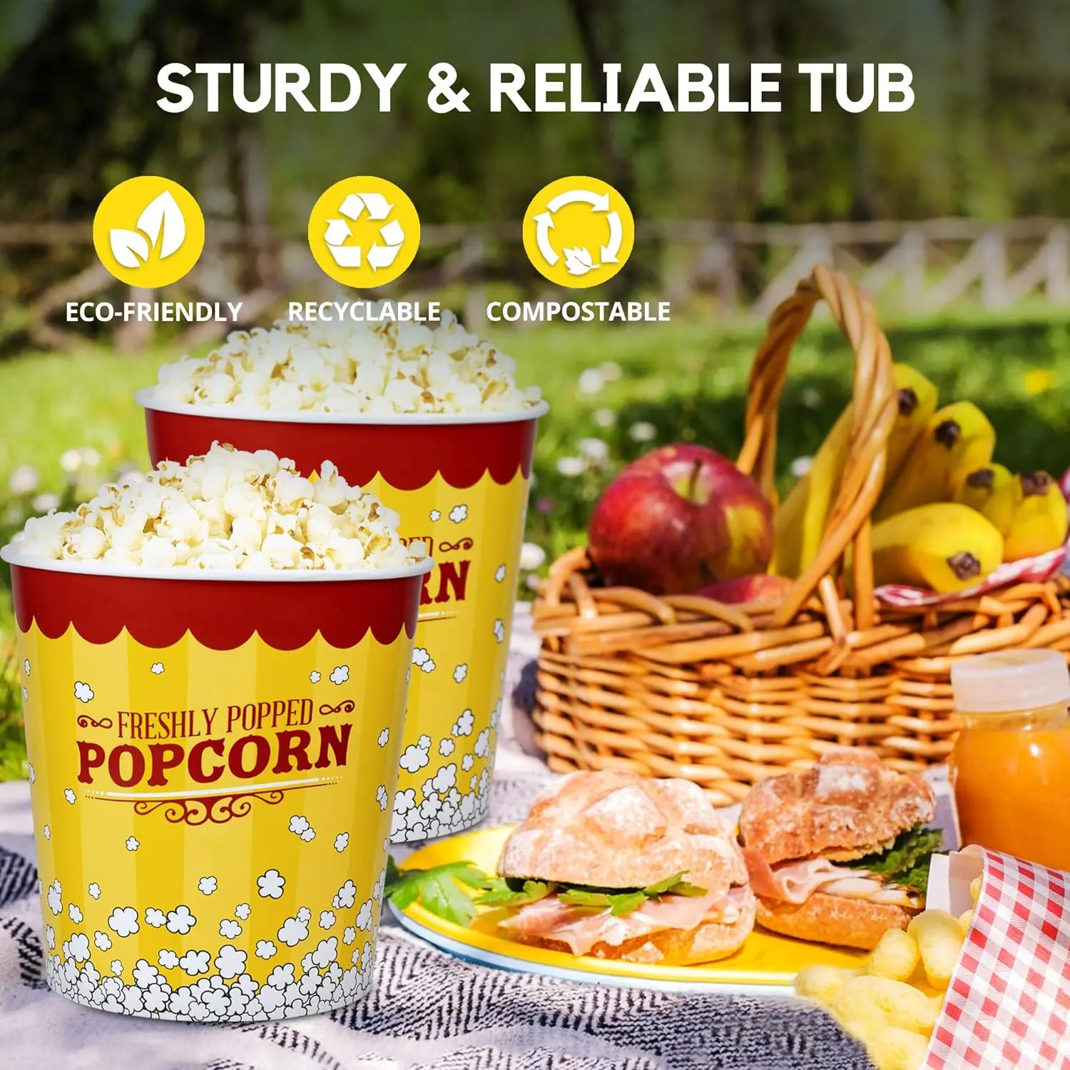 130 Oz Yellow and Red Paper Popcorn Containers Printed Solo Popcorn Tubs Disposable Low MOQ Popcorn Buckets
