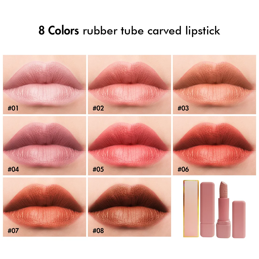 popular hot sale 8 colors rubber tube high pigment carved cute pink waterproof long lasting Korea makeup nude lipstick