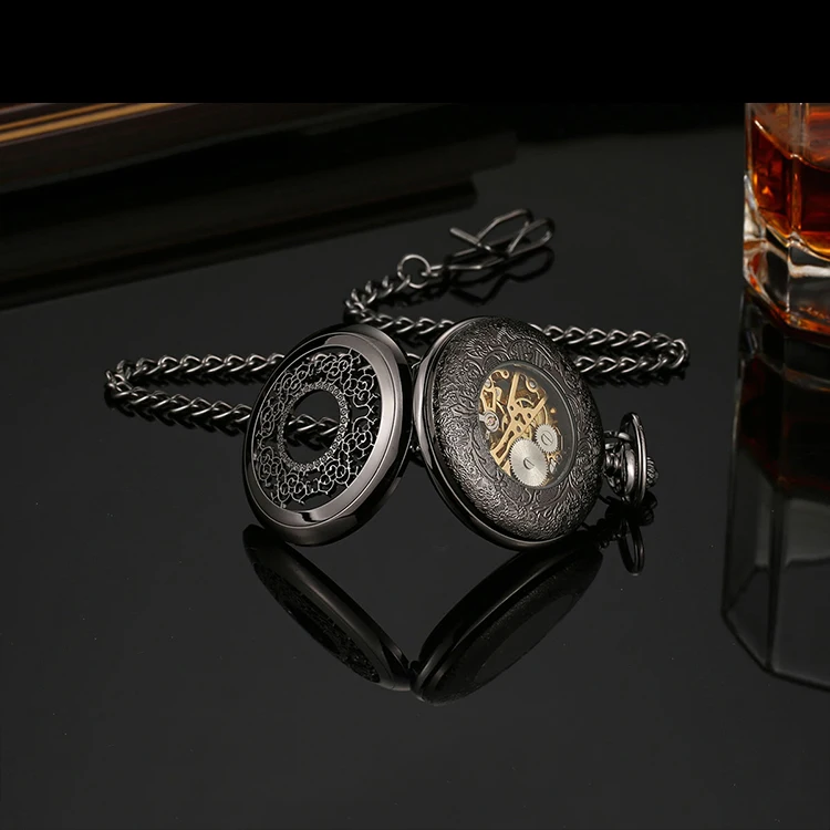 Vintage Gold Black Necklace Steampunk Skeleton Mechanical Fob Pocket Watch Clock Luminous Pendant Hand-winding Men and china