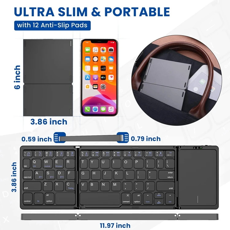 FOR ipad foldable wireless keyboard B033 mini Wireless Foldable bt portable folding Keyboard for mobile phone and tablet