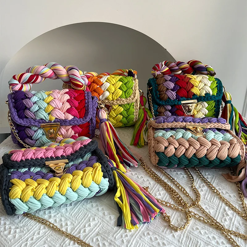 Fashion Multicolor Shoulder Bag Handwoven Crochet Handbag For Women Candy Color DIY Chunky Icelandic Yarn Chain Crossbody Bags
