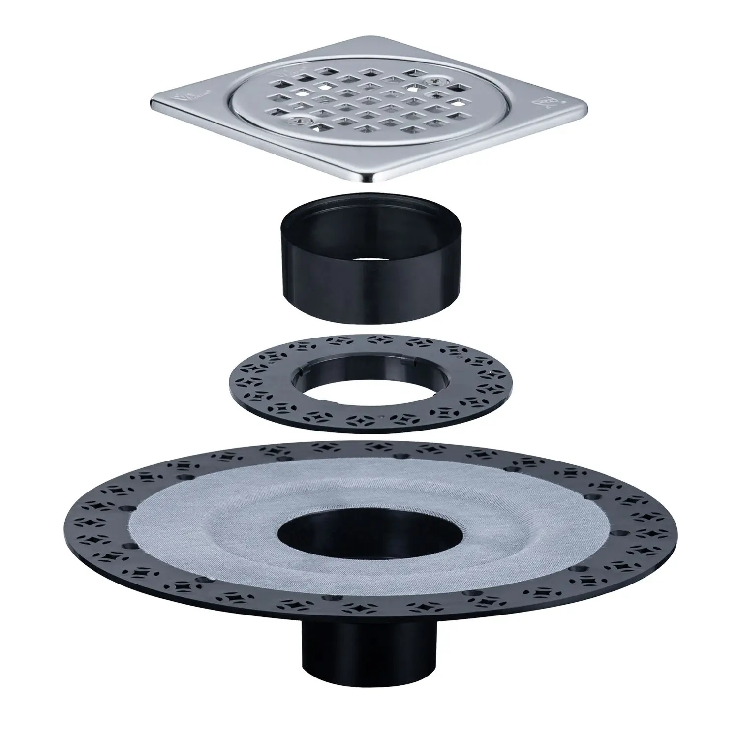 Chromed Shower Flange Drain with 4 in Drain Grate  Set including  Height Adjustment Collar and ring  For Pan  Uni-Green