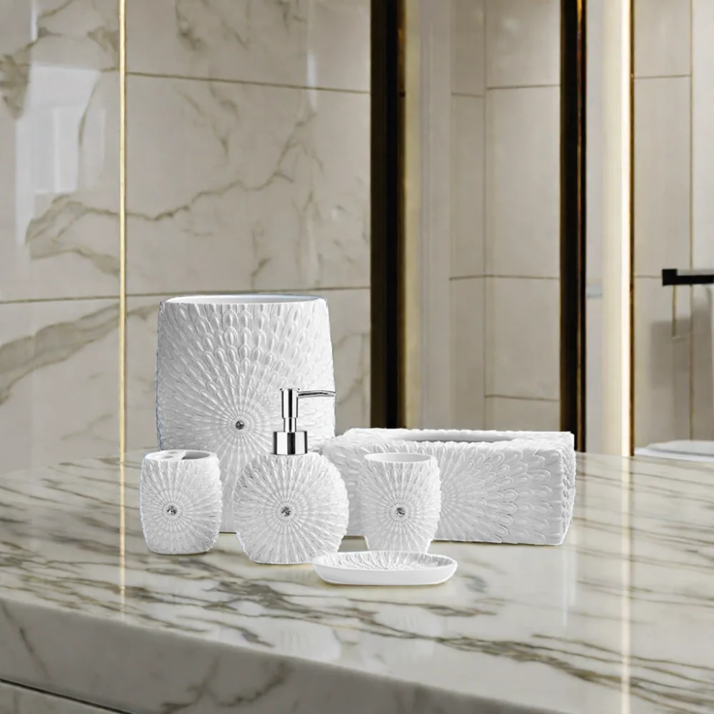 Elegant Hotel White 6pcs Bathroom Decor Luxury Items Bath Accessories Resin Bathroom Set