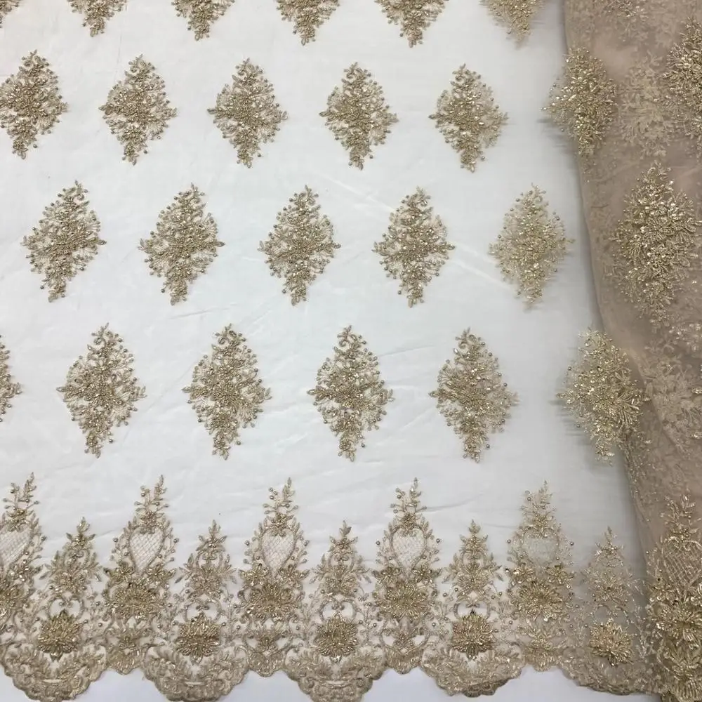 design small MOQ  haute couture  lace fabric  designs in champagne  color