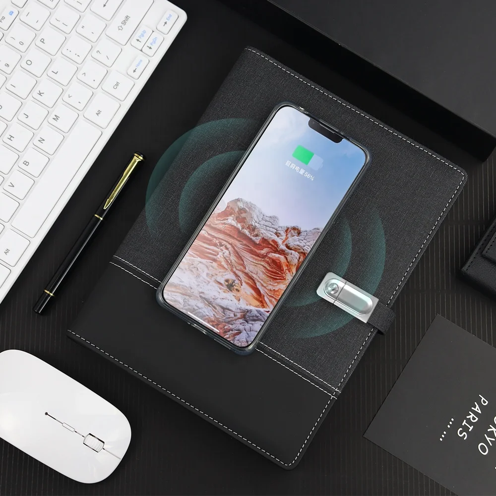custom logo business gift luxury smart diary with power bank wireless charging notebook with bluetooth speaker