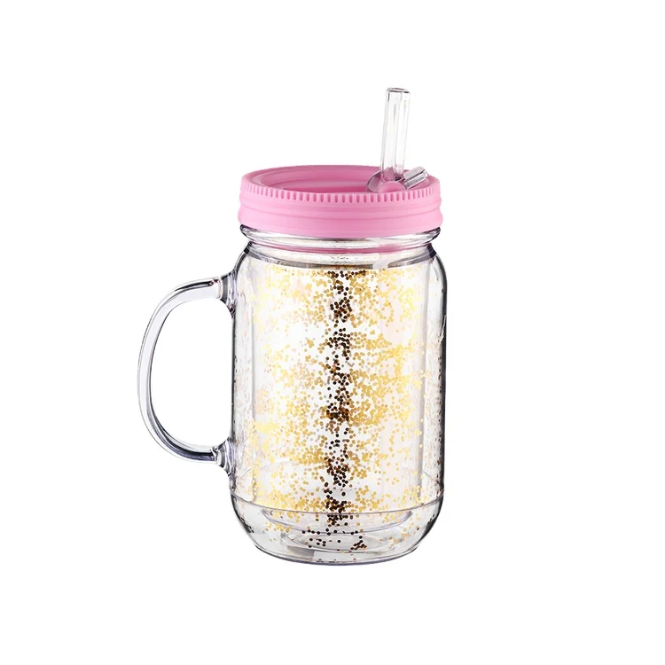 Factory direct supply 16 oz plastic mason jar with handle straw