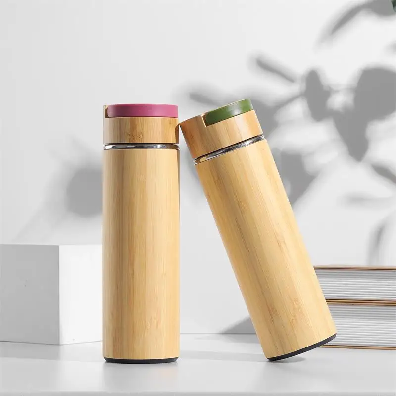 Wholesale Portable Cover Bamboo Shell Eco Bottle Insulation Stainless Steel Vacuum Bamboo Thermos Flasks with Optional Lid