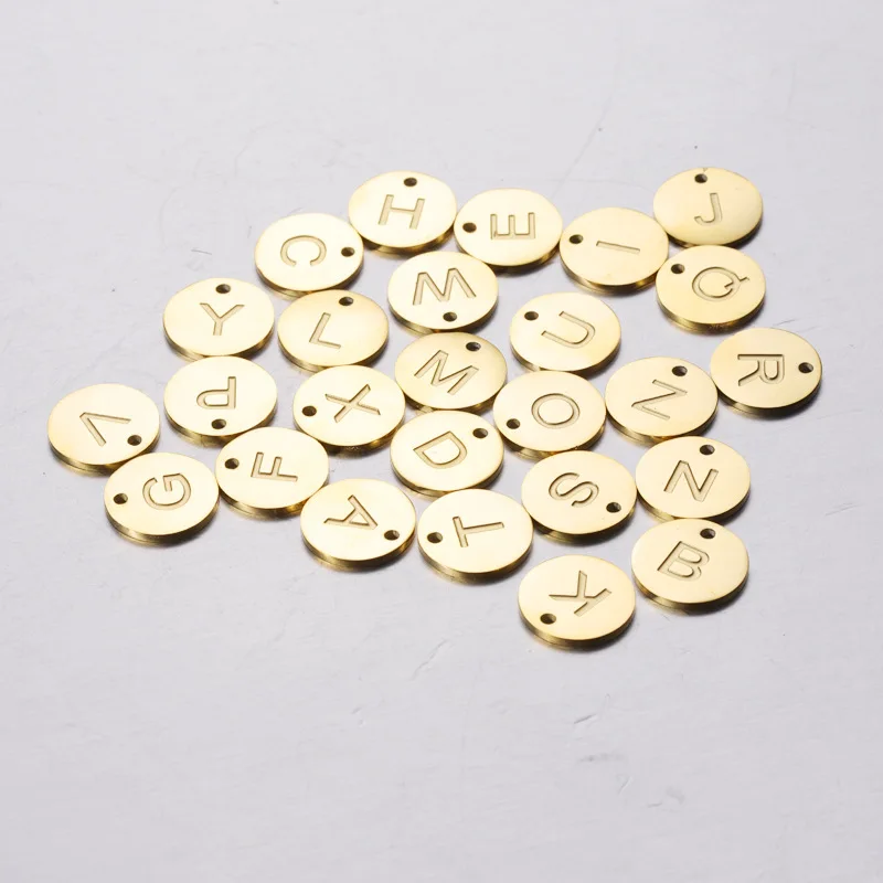 Fashion stainless steel letter charm engraved round 26 alphabet letter pendant for DIY jewelry making