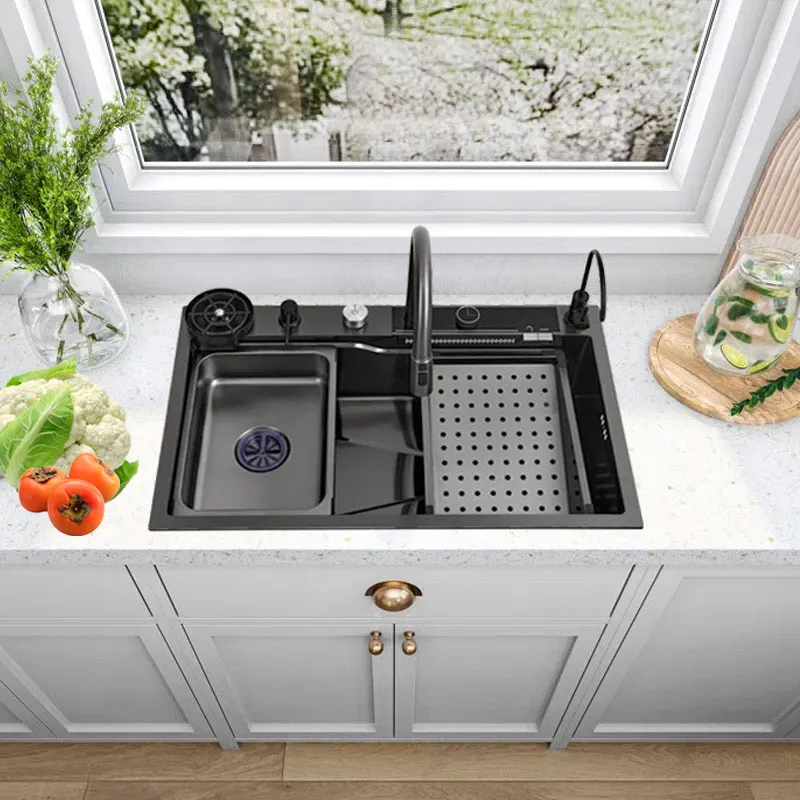 Italian multi function stainless steel waterfall single bowl smart kitchen sink