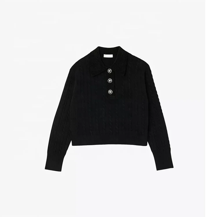 Knitwear manufacturer custom spring autumn black polo neck long sleeve cable knit pullover sweater women