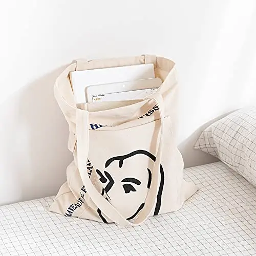 Best Selling Portrait Line Pattern Reusable Shopping Grocery Bag Work Lunch Travel Shoulder 12oz Cotton Canvas Bag With Zipper