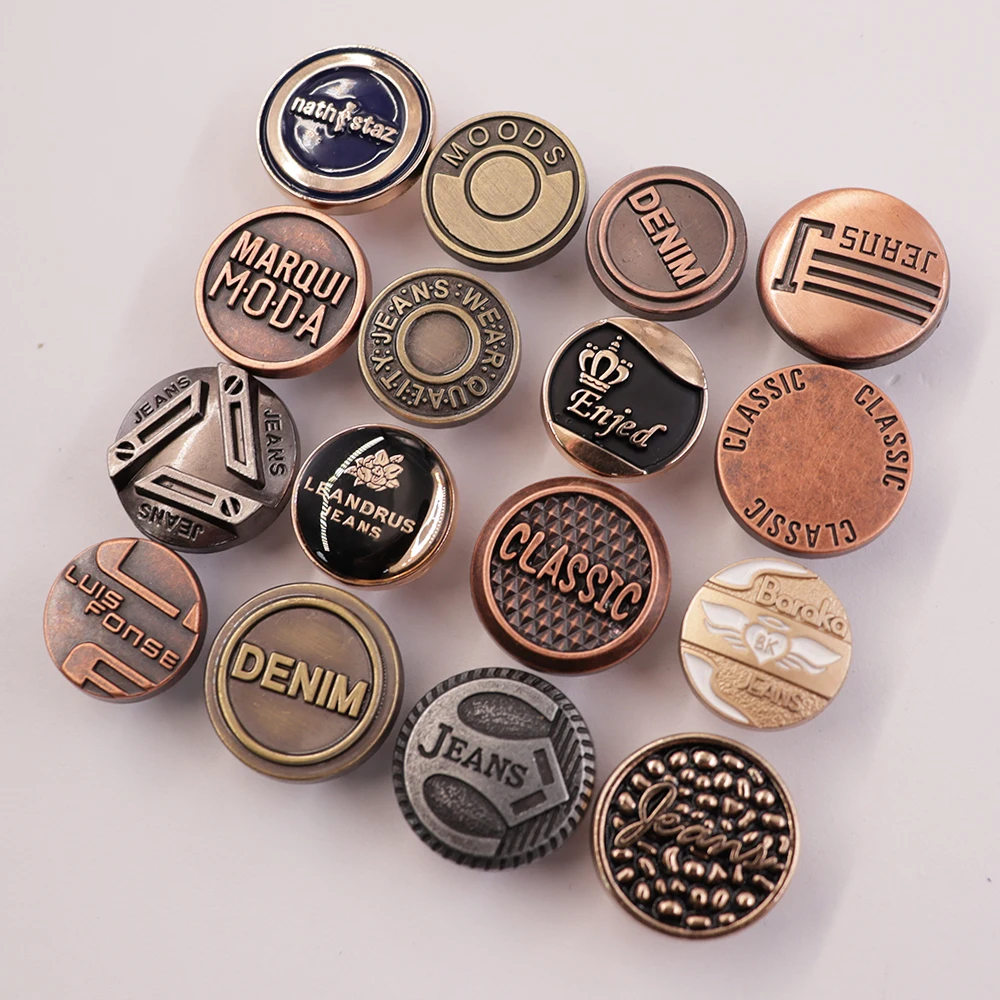 Jinyi Button Factory Clsaaic Engraved Logo Pattern Custom Clothes Jacket Denim Metal Button Zinc Alloy Jeans Button and Rivets
