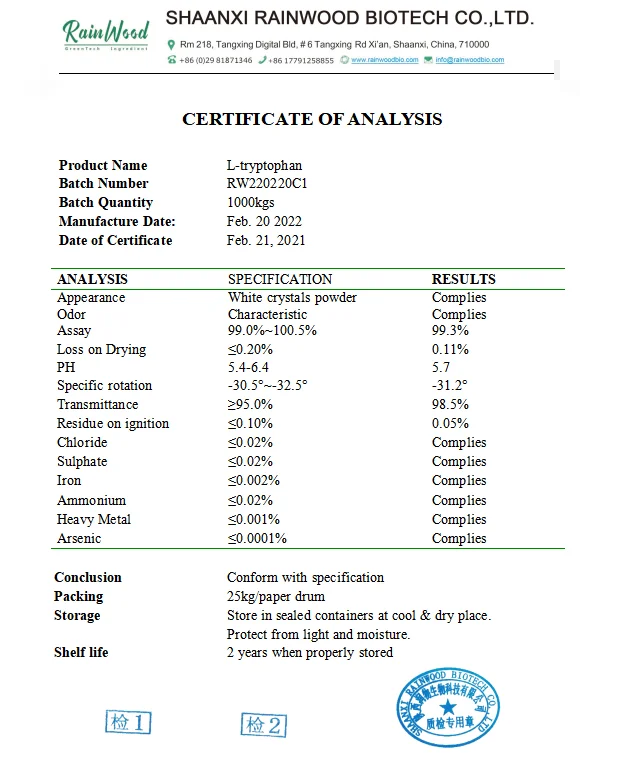 Кормовой добавки L Триптофан CAS 73-22-3 L-триптофан 98%