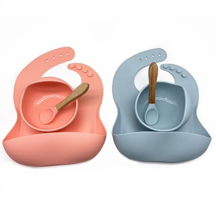 Baby Bibs Utensils Tableware Suction Bowl Training Spoons BPA Free Silicone Baby Feeding Sets