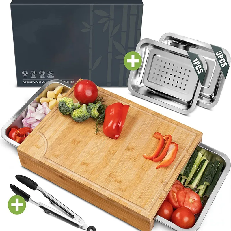Factory wholesale price with stainless steel storage of multifunctional bamboo chopping board set