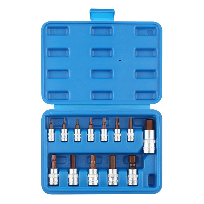 13pc 1/2, 3/8, 1/4 inch Drive Metric S2 Steel Hex Socket Bit Set Sizes 2 to 14mm in a Compact Case OEM ODM Supported