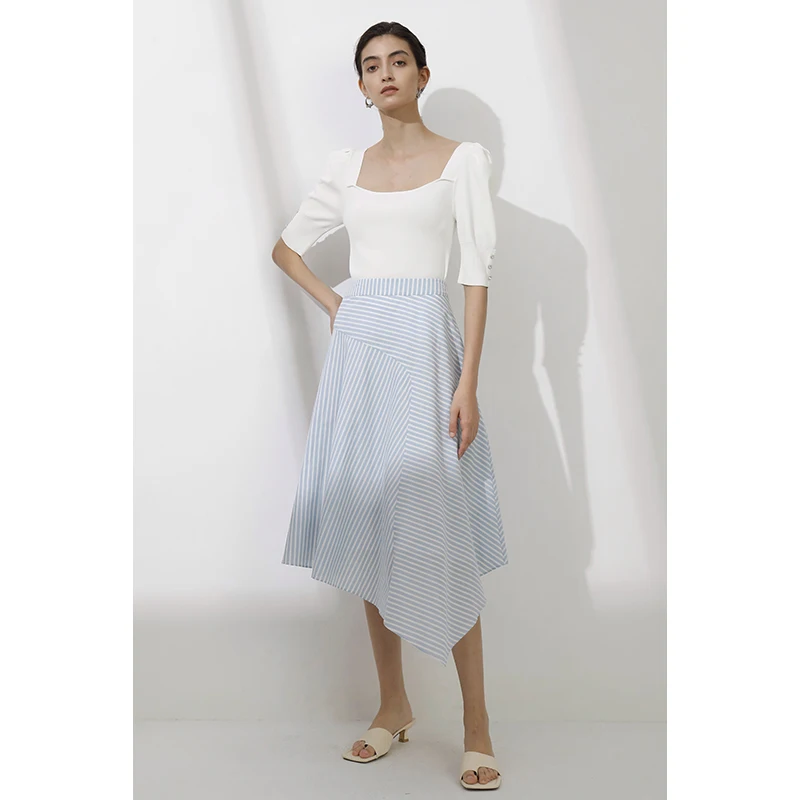 HISOKEY asymmetric design elegant half skirt Blue white stripes casual skirt for office ladies and womens
