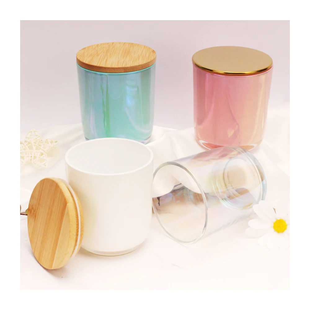 Custom Design Luxury Fashion Iridescent Rainbow Empty Glass Candle Jar Color Luxury Holographic Candle Jar With Lid