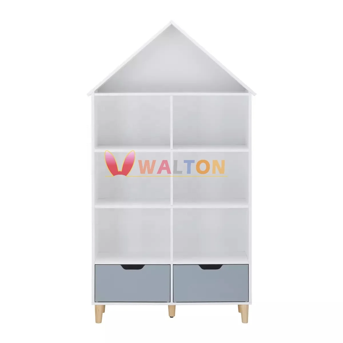 Kids Open Shelf Bookcase Floor Standing Bookcase Kids book organizer with 7 storage spaces and 2 drawers House Shaped Bookshelf