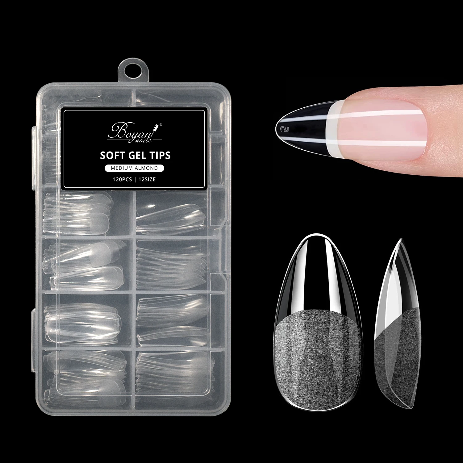 Popular 120 pcs 12 sizes mini clear box full cover soft gel x nail tips