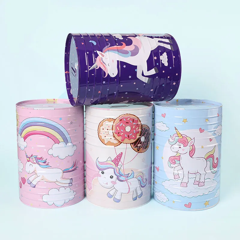 TOPSTHINK Custom made kawaii large children unicorn round metal piggy bank for tin money saving