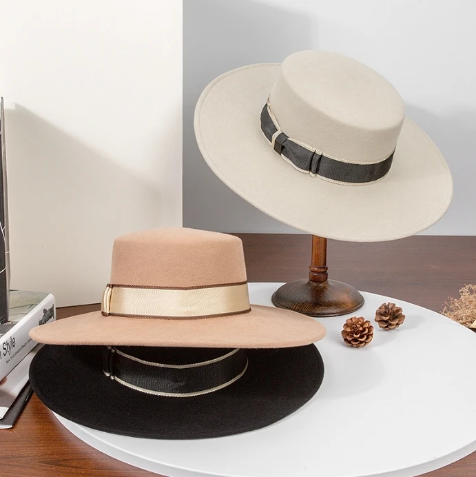 100% шерстяная шляпа с широкими полями в стиле унисекс A022604 для повседневной 2025 Новая Элегантная французская плоским верхом и