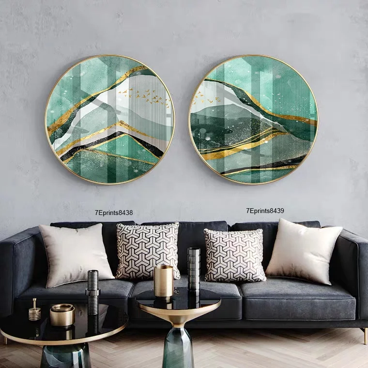 Customize Modern UV print 1 set of 3 pcs Abstract Round Metal Framed crystal porcelain paintings On Artworks For Hotel Project