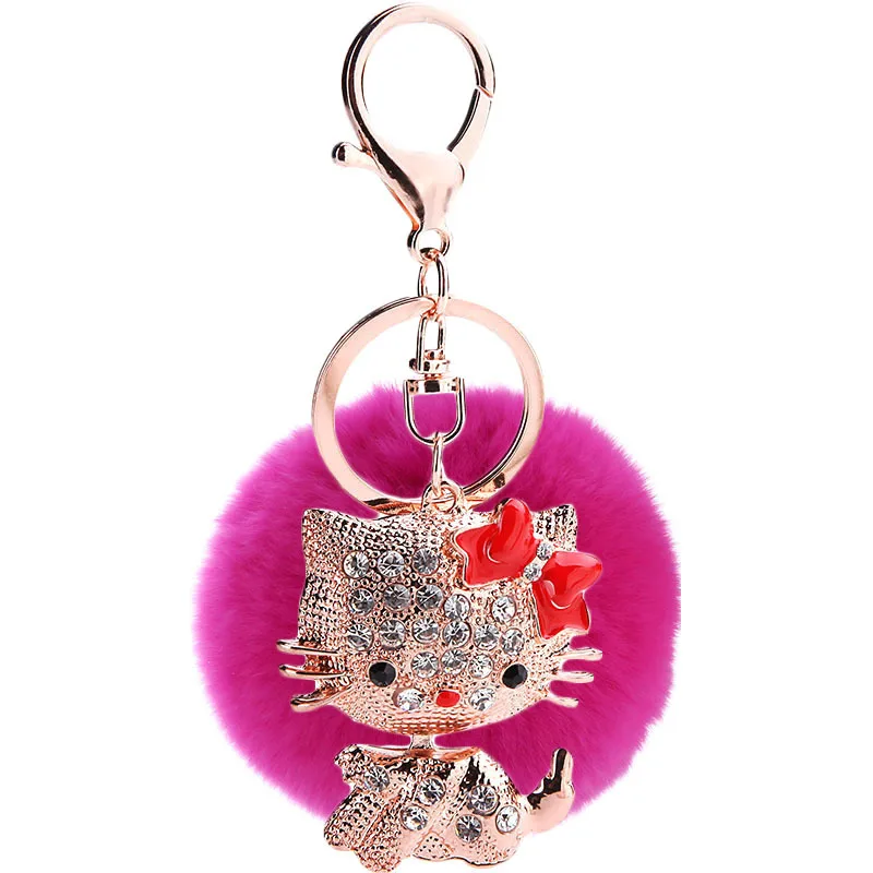 Custom Pompoms Car Key Chains Crystal Metal Hello Kitty Keychain 3D Cartoon Design Metal Key Chain Accessories