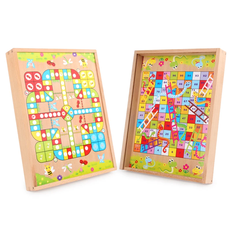 Hot Sale Classic Wooden Educational 2 in 1 Board Game Animal Flight Checkers Chess Game Board for Kids
