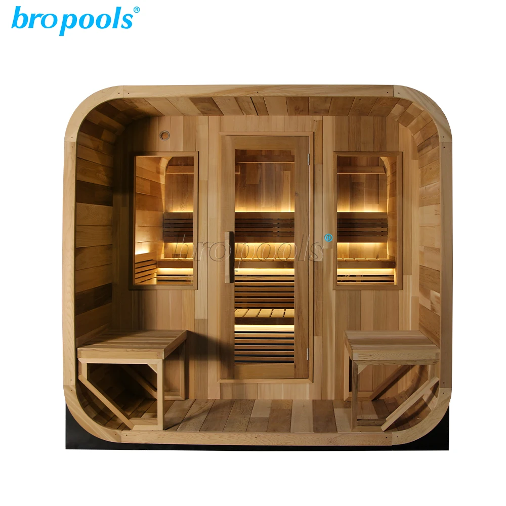 Bropool Modern Design Traditional Canadian Red Cedar Outdoor Cube Sauna Room with Porch Solid Wood Computer Control Panel Villas