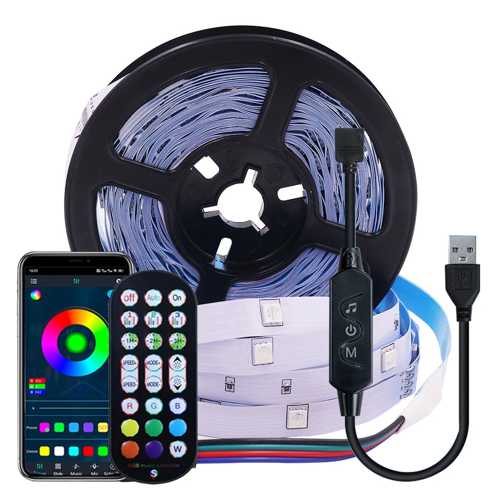 5V LED Strip RGB 5050 Bluetooth APP/ IR Remote Control 15M Flexible Led Tape Music Sync Lamp for PC Screen TV Back Light