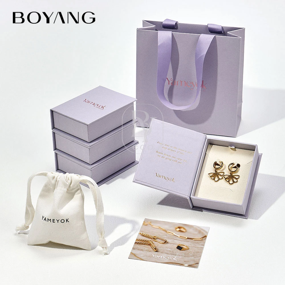 Custom Logo Printed Recyclable Book Style Paper Ring Earring Necklace Packaging Jewelry Boxes with Pouch