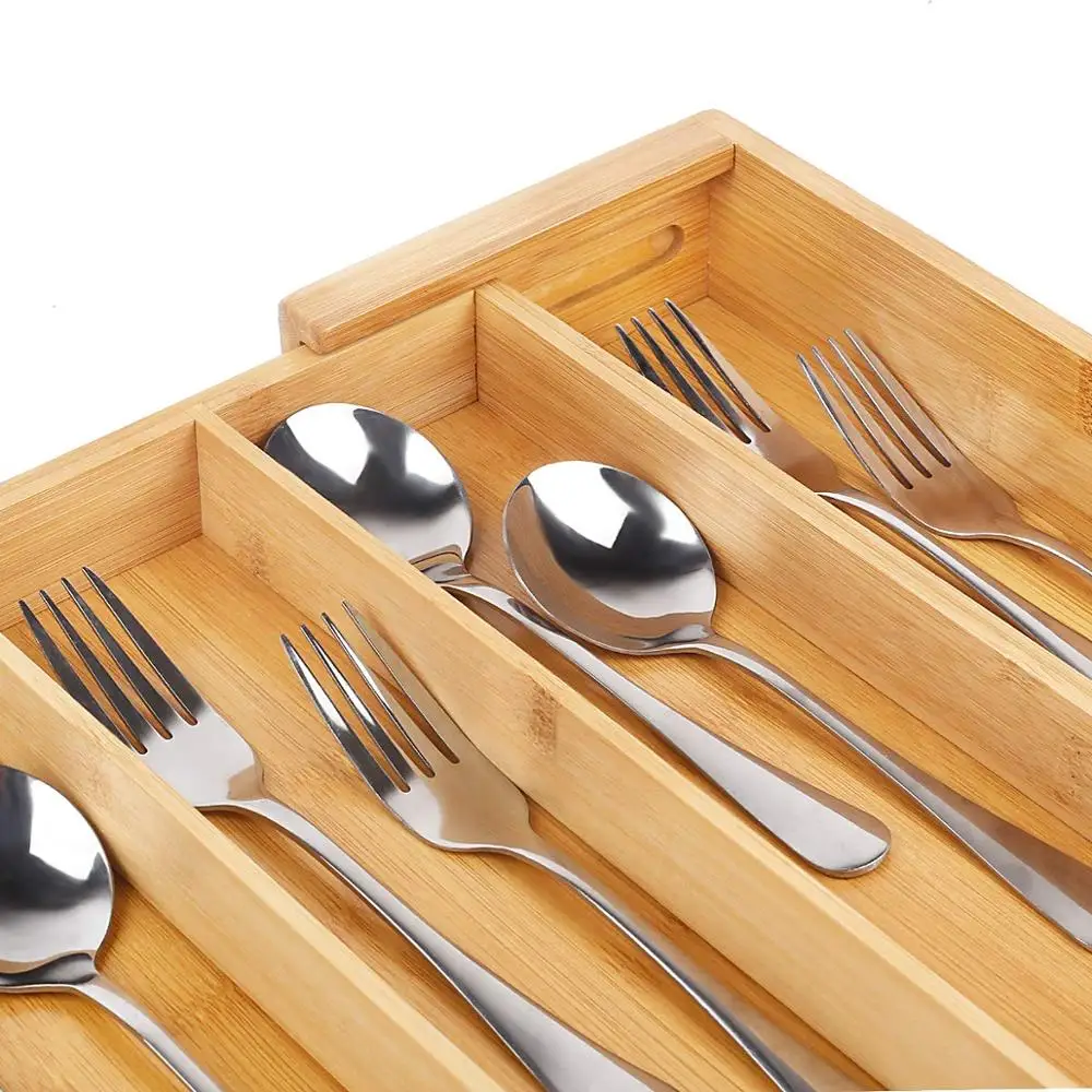Большая расширяемая кухонная утварь, бамбуковый ящик-органайзер для столовых приборов, регулируемый органайзер для столовых приборов
