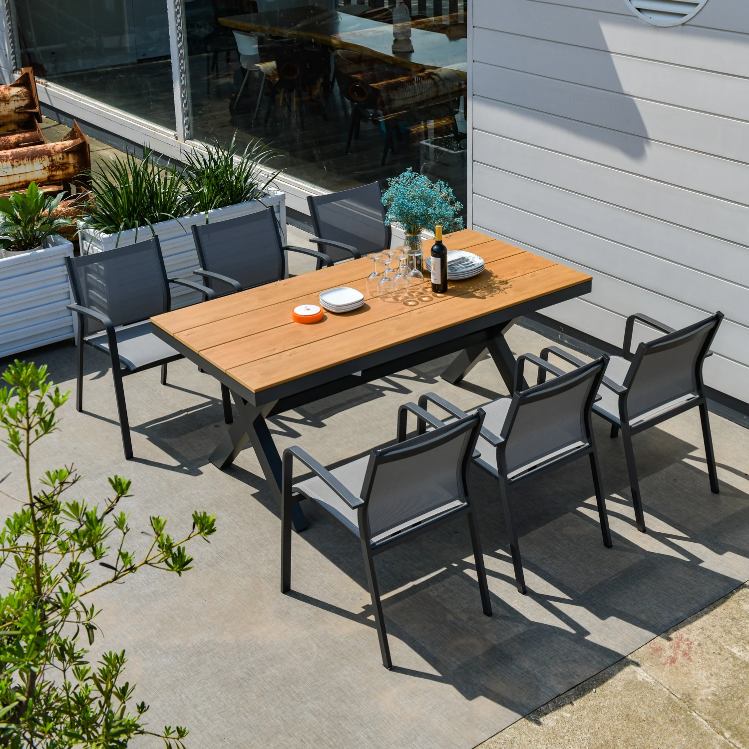 carbon grey 180 cm outdoor patio table sets  4 people leisure garden furniture rope rattan chairs waterproof wholesale