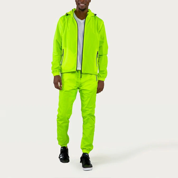 wholesale men unisex windbreaker sweatsuit jogger tracksuit custom logo reflective nylon pants plain two pieces set