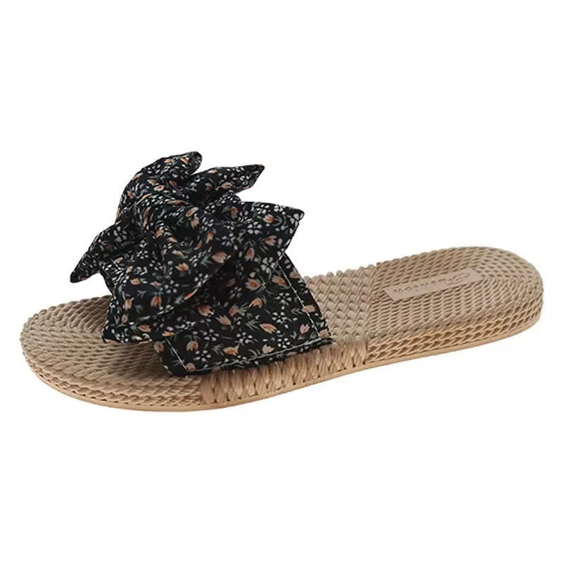 Summer new bow 2024 linen slippers women home soft sole anti-slip lightweight quiet indoor slip-shoes manufacturer wholesale