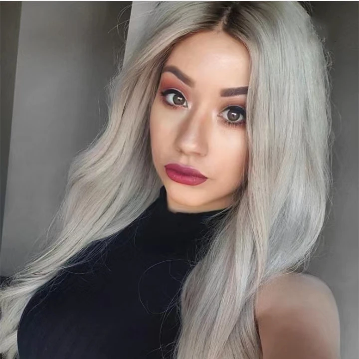 Wig With Dark Root Ombre Gray Blonde Color Loose Wave Invisible Knots Soft European Human Hair Swiss Lace Front Wigs