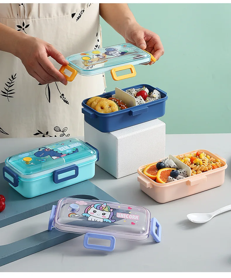 Plastic Lunch Box, Microwave-Safe Leak Proof Bento Box, 2 Compartments Cute Cartoon for Kids and Adults